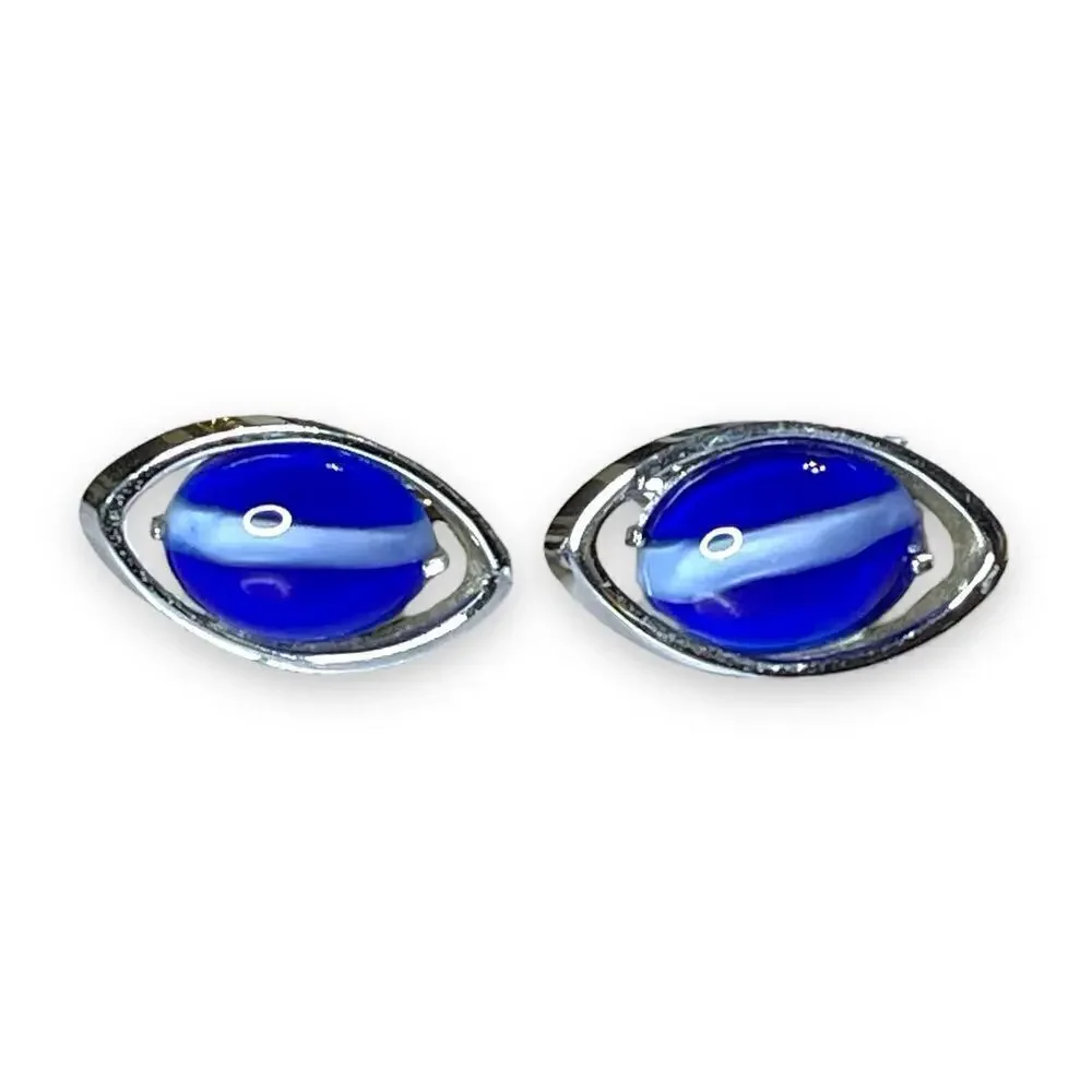 Swank Cufflinks Mens Silver Tone Blue White Striped Glass Cabochons Signed